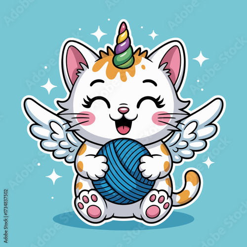 This adorable cat features a unicorn horn and angelic wings, clutching a blue yarn ball, bringing together fantasy and cuteness in a whimsical illustration for children.