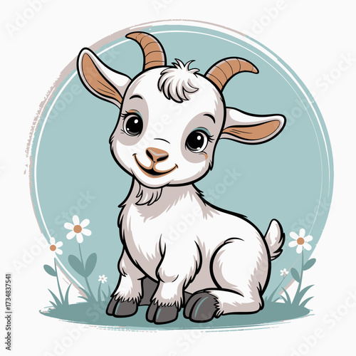 A charming cartoon baby goat with gentle features, sitting amidst soft grass and flowers, symbolizing innocence and the beauty of nature in a serene environment.