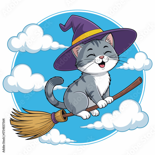 This whimsical illustration showcases a joyful cat wearing a witch's hat, riding a broomstick among fluffy clouds, capturing a sense of playful magic and freedom.