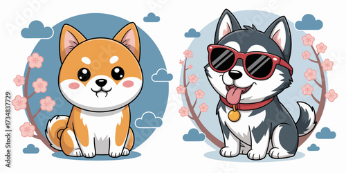 An adorable duo of a Shiba Inu and a Husky, exhibiting their playful and stylish personalities in a charming setting. Ideal for pet and dog lovers.