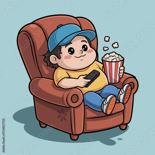 A cheerful image of a child lounging in a comfy chair with popcorn and a remote, capturing the essence of relaxation, fun, and entertainment in a playful manner.