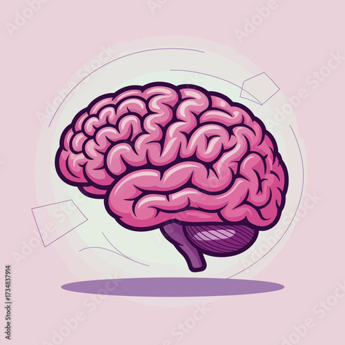 An artistic representation of a stylized pink brain, surrounded by abstract geometric shapes, symbolizing intelligence, creativity, and the intricacies of thought in a modern design.