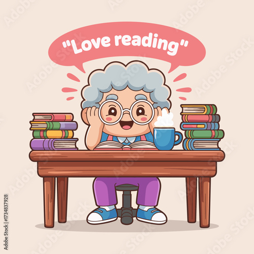 An enthusiastic elderly person, gleefully reading at a desk surrounded by stacks of books, showcases a heartfelt appreciation for literature in a vibrant and whimsical style.