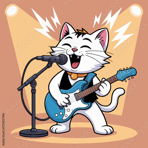 A lively cat joyfully performing on stage with a guitar, showcasing a musical theme filled with energy, fun, and creativity in an entertaining artistic style.