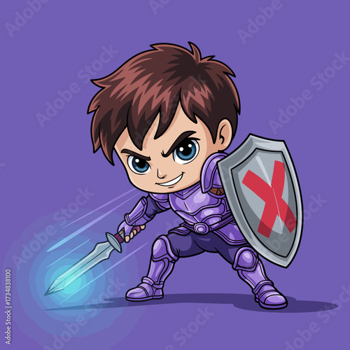 A delightful image of a young boy dressed as a heroic warrior with a shield and glowing sword, highlighting bravery, adventure, and the spirit of childhood imagination.