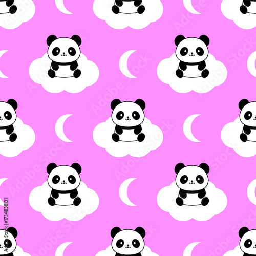 Cute seamless panda pattern with moon and clouds on pink background. Design for kids textile and fabric, home decor elements, wrapping paper. Vector print for baby boy and girl