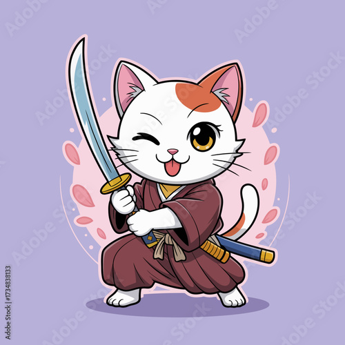A charming cat dressed as a samurai, wielding a sword and displaying a playful demeanor, captures the essence of bravery and fun in a whimsical portrayal of feline strength.