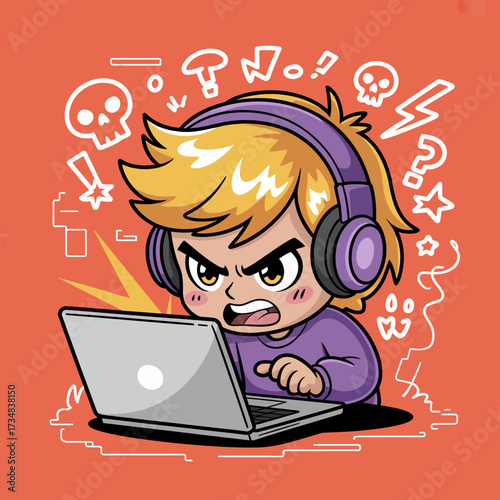This dynamic illustration presents an angry young boy screaming at his laptop while wearing headphones, capturing the essence of frustration during intense gaming experiences.