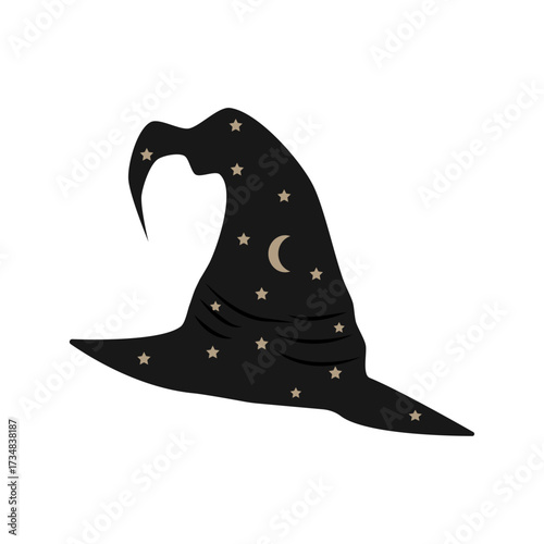 Halloween hat isolated on white background black witch hat with stars and moon vector illustration