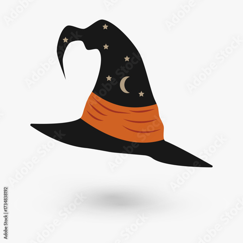 Halloween hat isolated on white background black witch hat with stars and moon vector illustration