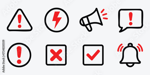 Set of Alert Warning Notification Icons in exclamation mark, triangle, circle, speech bubble, megaphone, electricity, power, Line Vector Style on White Background