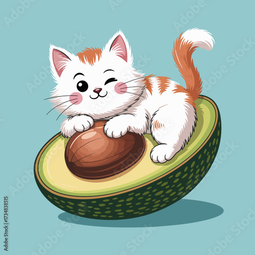 This cute illustration shows a charming cat lounging on a slice of avocado, combining humor and creativity in a playful and colorful design.