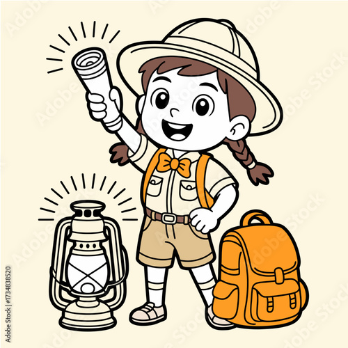 A bright-eyed young explorer holds a lantern and poses with a backpack, evoking a sense of adventure and curiosity in the great outdoors, ready for discovery.