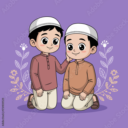 This image captures the joyful moment between two boys, both dressed in traditional attire, showcasing the theme of friendship and connection against a floral background.