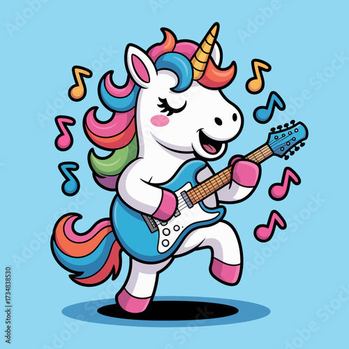 This fun cartoon unicorn plays an electric guitar joyfully, showcasing its colorful mane and musical spirit, embodying a sense of creativity and fun suitable for kids and creative designs.