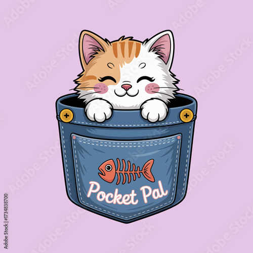 A delightful kitten peeks out of a denim pocket featuring a fish design, embodying cuteness and warmth, resonating with pet lovers and nostalgia.