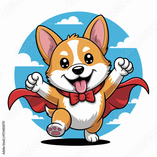 A joyful corgi character wearing a superhero cape and bowtie, jumping energetically against a blue sky, perfect for capturing the charm and playfulness of pets.