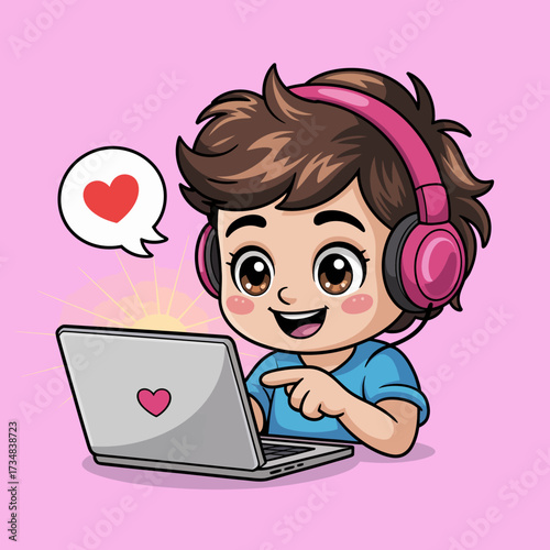 An enthusiastic child with headphones interacts with a laptop, representing modern technology, connection, and engagement, perfect for themes of learning and entertainment.