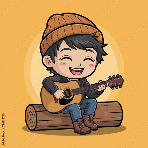 A joyful boy with a beanie plays guitar while sitting on a log, capturing the essence of music and relaxation surrounded by a vibrant autumn backdrop.
