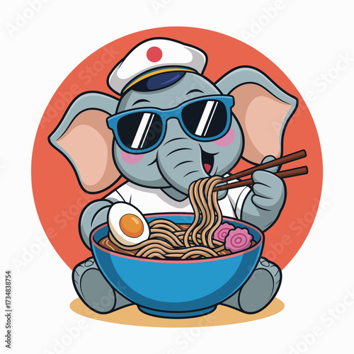 This charming illustration captures a playful elephant wearing sunglasses, using chopsticks to enjoy a bowl of noodles, combining humor and cuteness in a delightful culinary adventure.