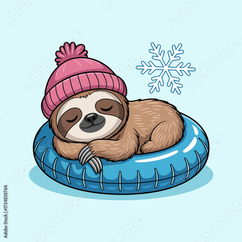 A cozy sloth taking a nap on a blue inflatable tube, adorned with a pink hat, exhibiting relaxation and tranquility, perfect for summer vibes and cute animal artwork.