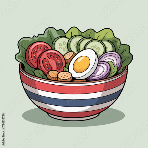This vibrant salad bowl features fresh greens, sliced cucumbers, tomatoes, red onions, crunchy toppings, and a perfectly cooked egg, appealing to health-focused food lovers.