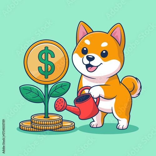 This charming illustration features a cute dog happily watering a money plant, representing the playful combination of pets and financial growth in a stylized manner.