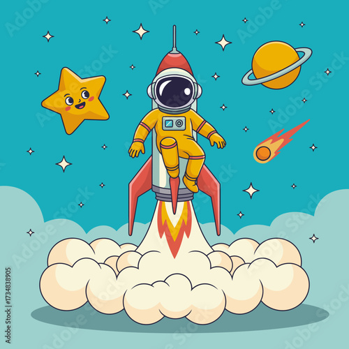 An astronaut in a cheerful yellow suit soars through space, surrounded by stars and planets, embodying the spirit of adventure and exploration in a whimsical cosmic setting.