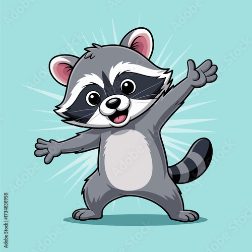 The image features a joyful raccoon enthusiastically waving its arms, embodying playfulness and friendliness, set against a bright blue background that enhances its cheerful demeanor.