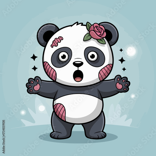 An adorable panda with a rose on its head and charming scars looks surprised, creating a whimsical yet endearing character, perfect for capturing the essence of playfulness and innocence.
