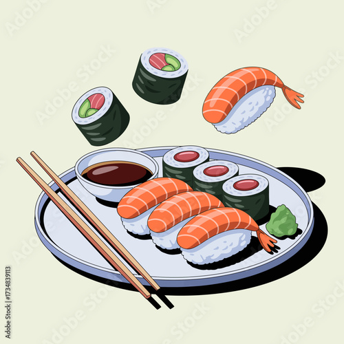 A tantalizing plate of sushi featuring fresh rolls and shrimp, accompanied by soy sauce, highlighting culinary art and the enjoyment of diverse cuisine in an inviting presentation.