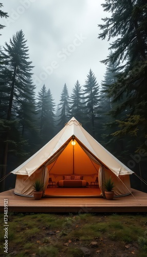 Glamping Experience Luxurious Tent Amidst Majestic Pines Invites Relaxation and Tranquility in Nature's Embrace for an Unforgettable Escape