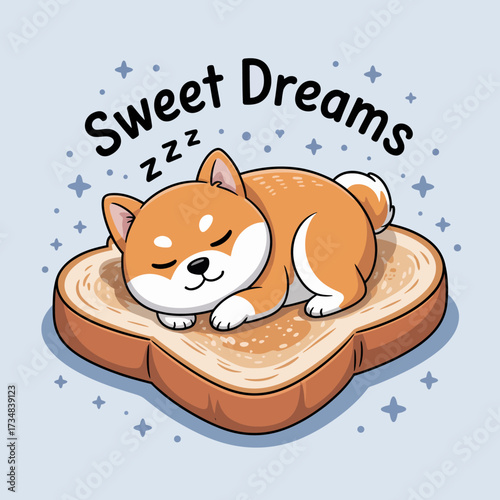 This whimsical illustration shows a Shiba Inu peacefully napping on a slice of toast, embodying the ultimate comfort and cuteness, perfect for dog lovers.