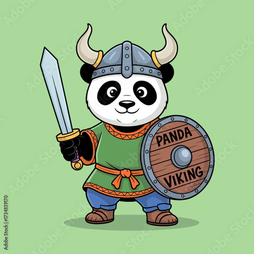 This charming illustration features a panda dressed as a Viking, complete with a horned helmet, sword, and shield, embodying a playful fusion of cultures and aesthetics for fun themes.