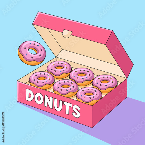This vibrant image features a pink donut box filled with delicious, frosted donuts topped with sprinkles, ideal for lovers of sweetness and delightful desserts.