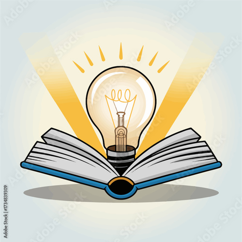 An illustration featuring an open book with a glowing light bulb rising from it, symbolizing knowledge, inspiration, and the enlightening power of reading and education.