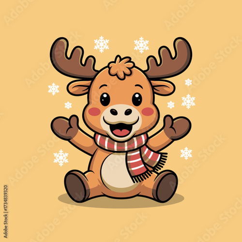 This adorable cartoon reindeer wearing a striped scarf spreads joy and warmth, perfectly capturing the essence of winter celebrations and cheerful holiday spirit.