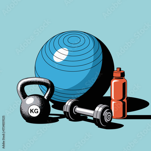 An engaging illustration showcasing essential fitness equipment including a kettlebell, exercise ball, and water bottle, representing health, wellness, and an active lifestyle.