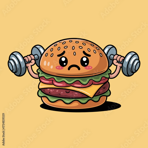 A sad-looking hamburger lifts dumbbells, humorously reflecting the struggle between indulgence and fitness, showcasing a creative take on food and health in a light-hearted illustration.