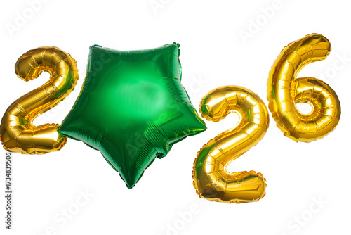 A golden sign with the year 2026 written on it with a green star.