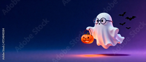 A cute cartoon ghost wearing glasses floats carrying a small jack-o'-lantern basket