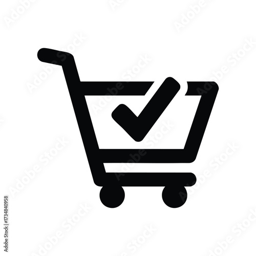 Empty shopping cart with a checkmark symbol representing successful purchase or completed transaction