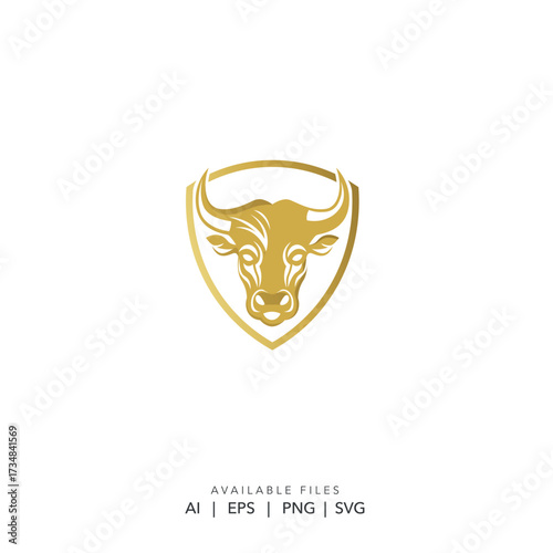 Golden bull head logo inside a shield for financial company,  Elegant taurus zodiac symbol 