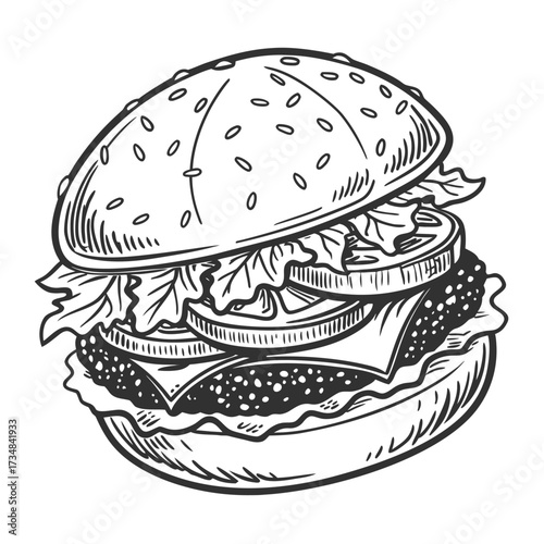 Fast food burger meal with beef, cheese, tomato, and lettuce on a sesame seed bun, isolated on white