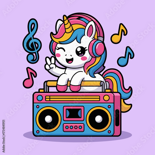 This stylish unicorn with a boombox enjoys her time jamming to music, radiating cool vibes and a fun attitude associated with youth and modern culture's love for music.