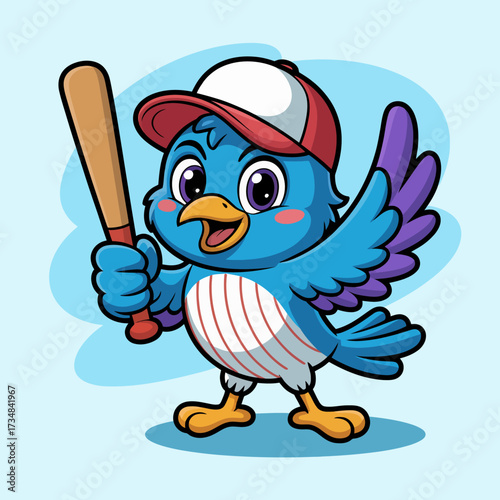 This adorable blue bird character, equipped with a baseball bat and cap, embodies the joy of sports and playfulness in a vibrant and cheerful design.