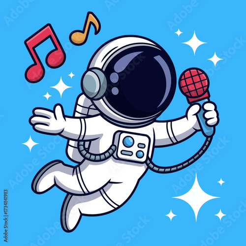 An enthusiastic astronaut floats in outer space, holding a microphone and singing, capturing a fusion of exploration and artistry in a fun, engaging cosmic setting.