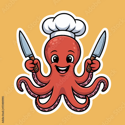 This playful illustration features a cheerful octopus dressed as a chef, wielding knives, depicting creativity, fun, and a sense of culinary adventure in the kitchen.