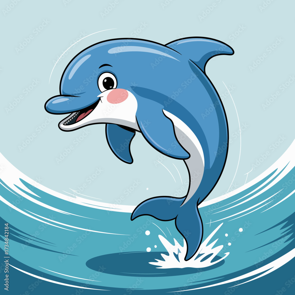 Obraz premium This vibrant illustration captures a joyful dolphin leaping gracefully through sparkling ocean waves, symbolizing freedom and the playful spirit of the sea.