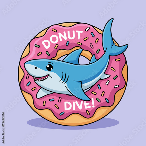 A playful shark gleefully diving into a giant donut, creating a lighthearted and whimsical scene, merging fun with culinary imagination in a colorful artistic expression.